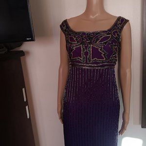 TAN CHHO PURPLE SILK FULLY SEQUINED LONG GOWN SIZE US  S